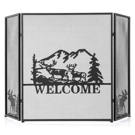 Fireplace screen with natural scenery and moose pattern, 132 x 79 cm, foldable design for safety and decor.