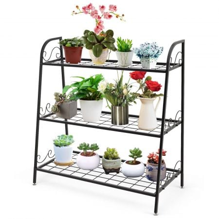 3-tier metal plant stand shelf displaying various potted plants, featuring a sturdy steel frame and elegant design.
