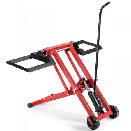 Lawn mower lift jack with wheels, adjustable track width, sturdy steel frame, ideal for garden tractor maintenance.