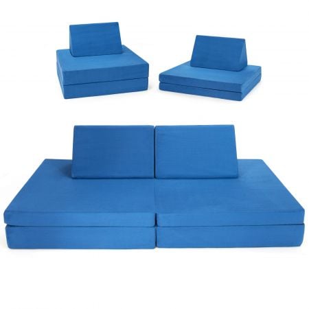 Convertible 4-piece kids couch set in blue with 2 folding mats and 2 triangular pillows for versatile play and.