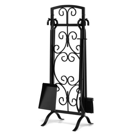 5-piece fireplace tool set in black iron, featuring a stand, poker, tong, brush, and shovel for convenient use.