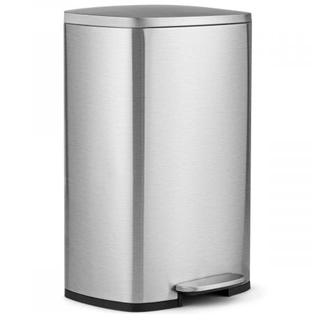 Stainless steel 50L trash can with pedal and removable inner bucket, ideal for kitchens and offices.