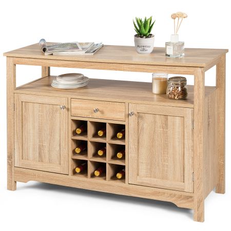 Rustic cupboard storage organizer with a removable 9-bottle wine rack and spacious tabletop for versatile home decor.
