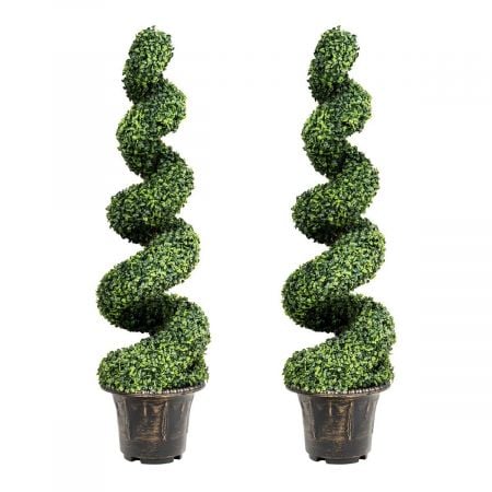 Two 120cm artificial boxwood spiral trees in decorative pots, featuring lifelike green leaves for indoor and outdoor.