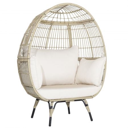 Oversized rattan egg chair with thick cushions, featuring a sturdy metal frame and elegant hand-woven PE rattan for.
