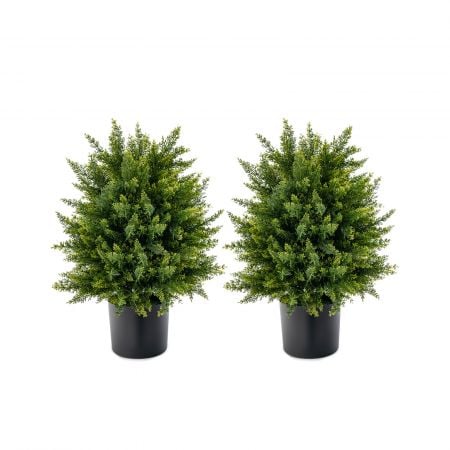 Set of 2 artificial cedar topiary ball trees in cement pots, featuring lush green leaves for indoor and outdoor decor.