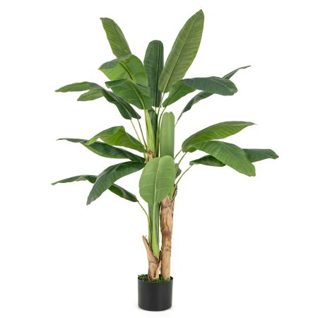 Tall bird of paradise artificial plant with 18 large faux banana leaves in a sturdy cement pot for indoor tropical.