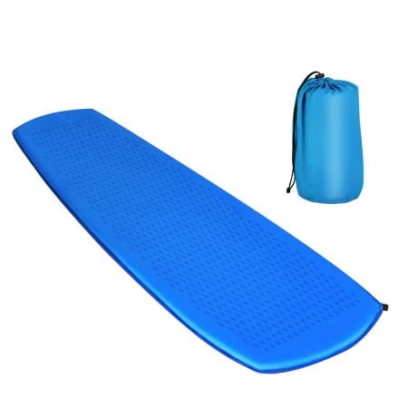 Self-inflating blue camping mat with inflatable sponge, ideal for backpacking and outdoor activities, includes storage.