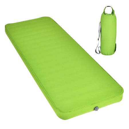 Green camping sleeping pad with carrying bag, 10cm thick for comfort, portable design for hiking and traveling.