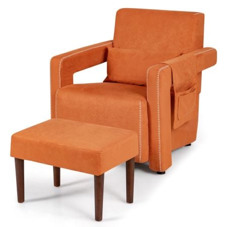Orange upholstered accent chair with ottoman, featuring a side storage bag and 7-shape armrests for added convenience.