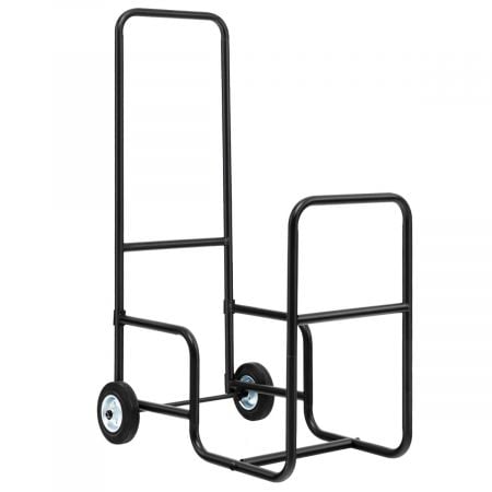 Rolling fireplace log holder carrier with rubber wheels, sturdy steel frame, and convenient handle for easy transport.