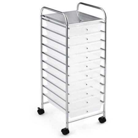 10-drawer mobile storage trolley in white with chrome frame and wheels, ideal for organizing beauty and daily items.