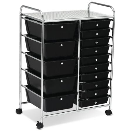 15-drawer rolling storage cart in black with 4 wheels, ideal for organizing items in home, office, or salon.