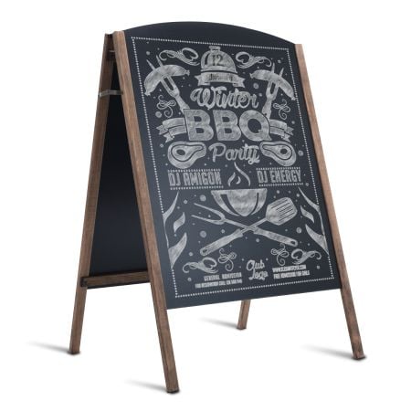 Double-sided A-frame chalkboard sign with a pine frame, ideal for indoor and outdoor use, featuring a smooth finish.