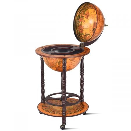 Italian styled globe drinks cabinet with wheels, crafted from eucalyptus wood, featuring a vintage design for elegant.