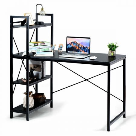 Wooden Computer Desk Writing Table with 4-Tier Reversible Bookshelf