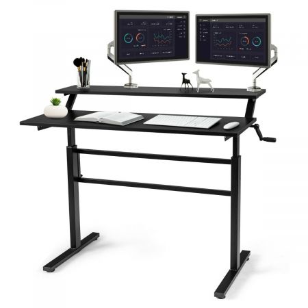 2-Tier Height Adjustable Standing Desk with Crank Handle