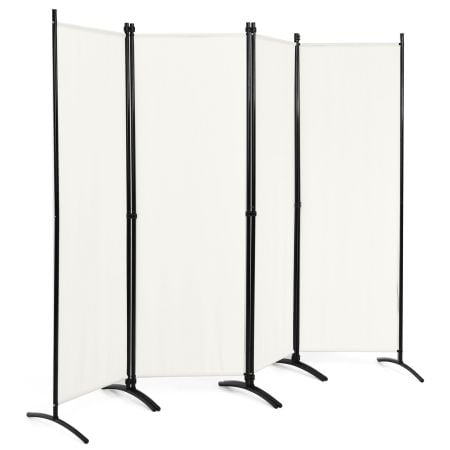 Four-panel white privacy screen made of waterproof polyester fabric, ideal for home or office use to create private.