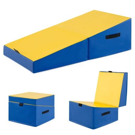 Incline gymnastics mat in yellow and blue, made of PVC leather and EPE foam, folds for versatile indoor and outdoor use.