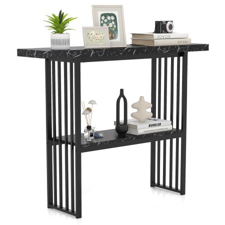 Narrow console table with black metal frame and faux marble top, ideal for displaying decor in hallways or living rooms.