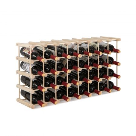 36-bottle wine rack made of solid wood, featuring a modular design for customizable storage in home bar or pantry.