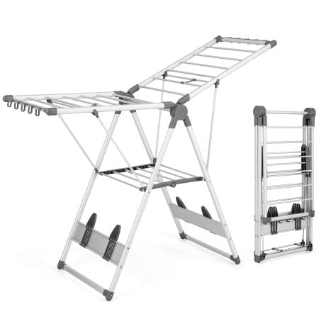 2-layer aluminum folding clothes drying rack with 21 rails, adjustable height, and space-saving design for versatile.