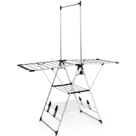 Clothes drying rack with 3 tiers and 6-level adjustable height, made of durable aluminum for versatile indoor use.