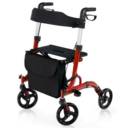 Red 2-in-1 aluminium mobility walker with seat, adjustable height, and dual braking system for seniors and disabled.