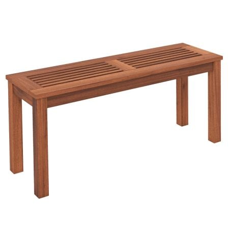 Solid wood patio bench with slatted seat, spacious for two adults, ideal for outdoor relaxation in gardens or backyards.