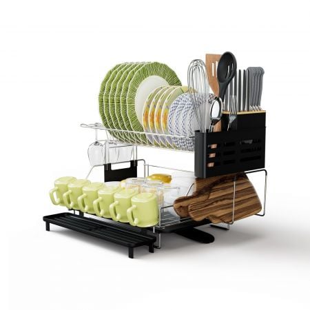 2-tier kitchen dish drying rack with cutlery holder, cup and glass holders, featuring removable drip trays for easy.