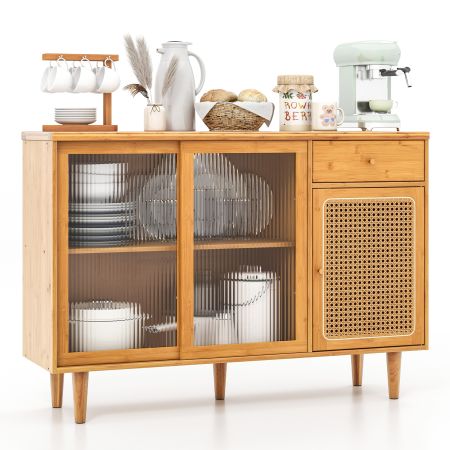Bamboo buffet cabinet with tempered glass sliding doors, rattan accents, and a pull-out drawer for versatile storage.