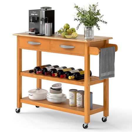 Wooden kitchen island cart with storage, featuring a natural rubber wood countertop, 2 drawers, and 2 shelves on wheels.