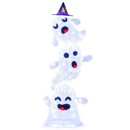 Lighted stacked ghosts with 120 LED lights, featuring 3 unique expressions, perfect for Halloween outdoor decoration.
