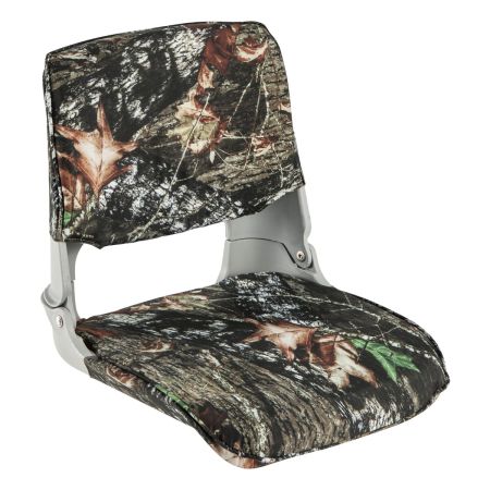 Low back padded boat seat in camouflage with thick sponge padding, designed for comfort and easy portability on water.