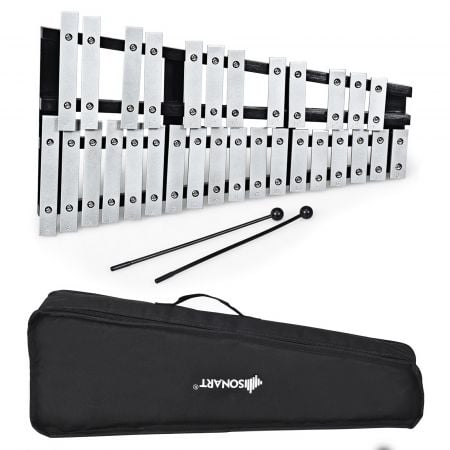 30-note foldable vibraphone with aluminum keys and wooden frame, includes mallets and carrying bag for easy transport.