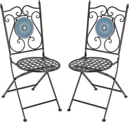 Set of 2 metal folding mosaic chairs with decorative backrest, perfect for outdoor or indoor use.
