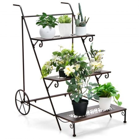 3-tier ladder-shaped metal plant stand with wheels, featuring a vintage design, perfect for displaying plants indoors.
