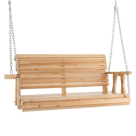 Wooden porch swing made of natural fir wood with cup holders, suitable for outdoor relaxation in patio or garden.