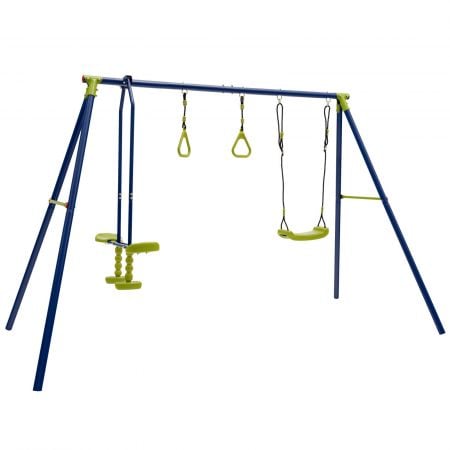 3-in-1 multifunctional A-frame swing set featuring a swing seat, glider, and gym rings for outdoor play and exercise.