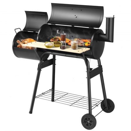 Charcoal BBQ grill with wheels and shelves, featuring a smoker, side table, and ample cooking space for outdoor.
