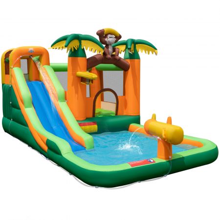 Monkey-themed inflatable water slide park with slide, splash pool, and basketball hoop for outdoor fun.
