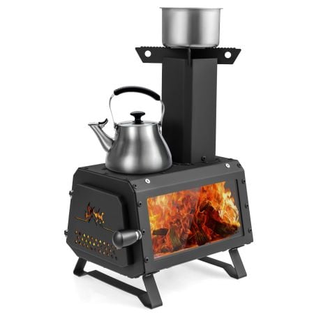 Portable wood burning stove with round pot holder, designed for efficient outdoor cooking and heating during camping.