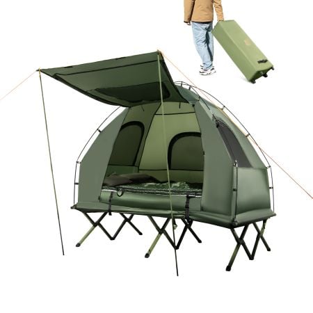 Foldable 2-person camping tent cot with sleeping bags, featuring a durable Oxford fabric canopy for outdoor adventures.