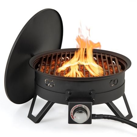 Portable 44cm propane fire pit with cooking grill, 58,000 BTU, featuring foldable legs for easy transport and storage.