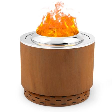 Smokeless 49cm fire pit with weathering steel shell and stainless steel bowl, designed for efficient warmth and minimal.