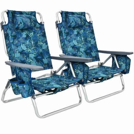 Set of 2 Folding Beach Chair Set with Headrest and Cup Holder