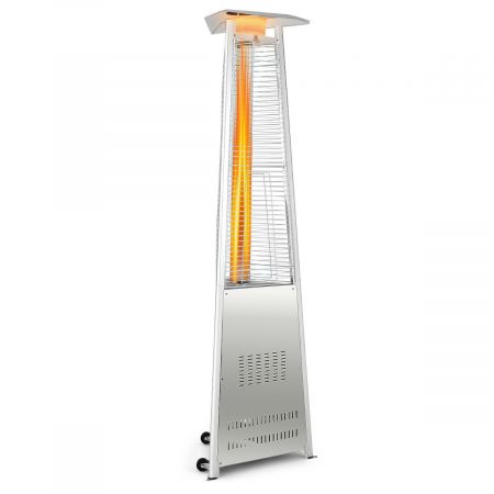 Pyramid outdoor patio gas heater with wheels, 42,000 BTU output, designed for efficient heating in gardens and patios.