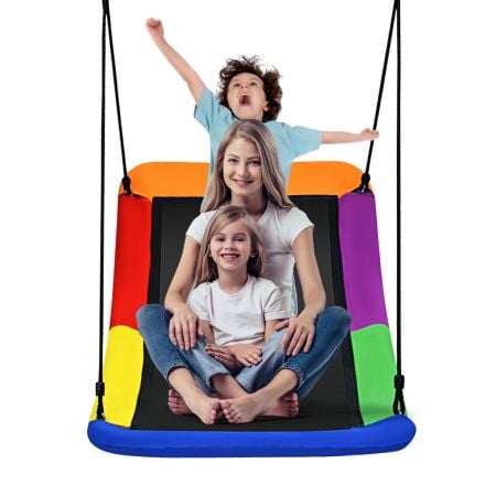 Large multicolor nest swing with kids seated, perfect for backyard fun and adjustable height for safety and convenience.