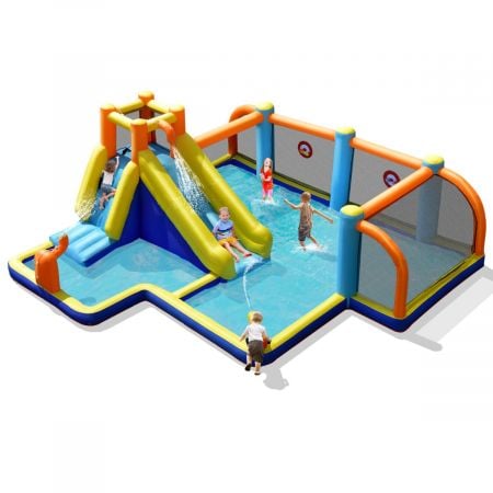 Inflatable water bounce house with dual slides, splash pool, and soccer zone for outdoor fun and safety.