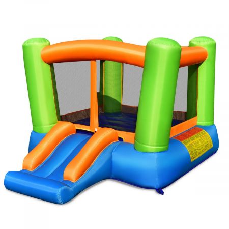 Inflatable bounce house with slide in bright colors, perfect for kids' outdoor fun and birthday parties.